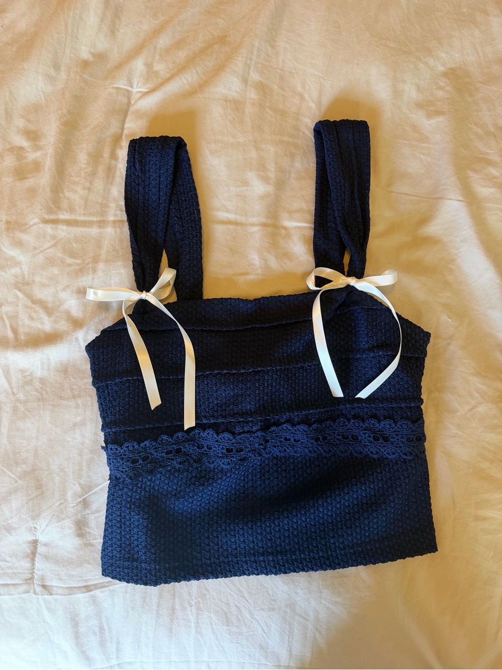 Navy Crochet-Trim Tank Top with Ribbon Shoulder Ties
